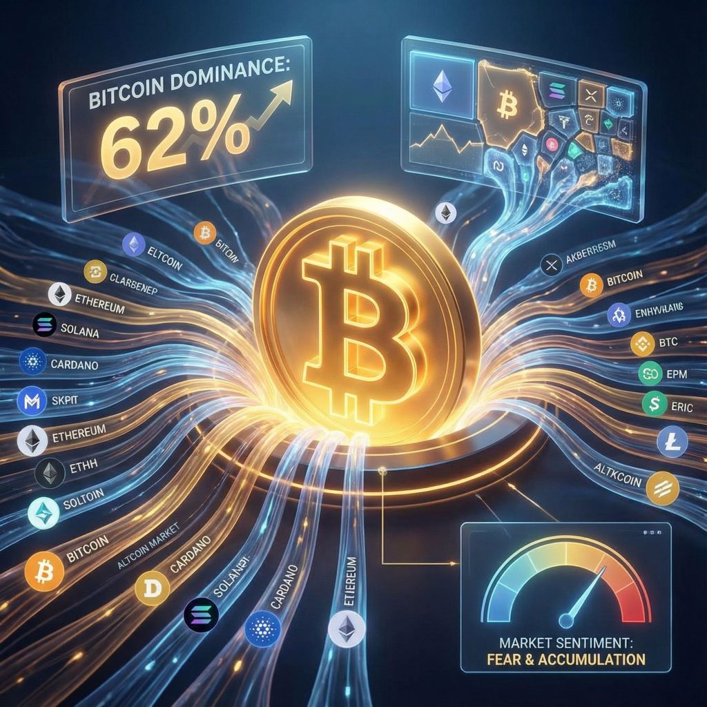 비트코인 상징으로 여러 알트코인 자금이 흘러들어가는 모습을 차트로 표현한 이미지입니다.