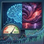 뇌의 절반은 데이터 점이 있는 신경 회로, 나머지는 감정의 먹구름으로 표현되었고 재무 차트 위에 공포와 탐욕 사이를 오가는 계기