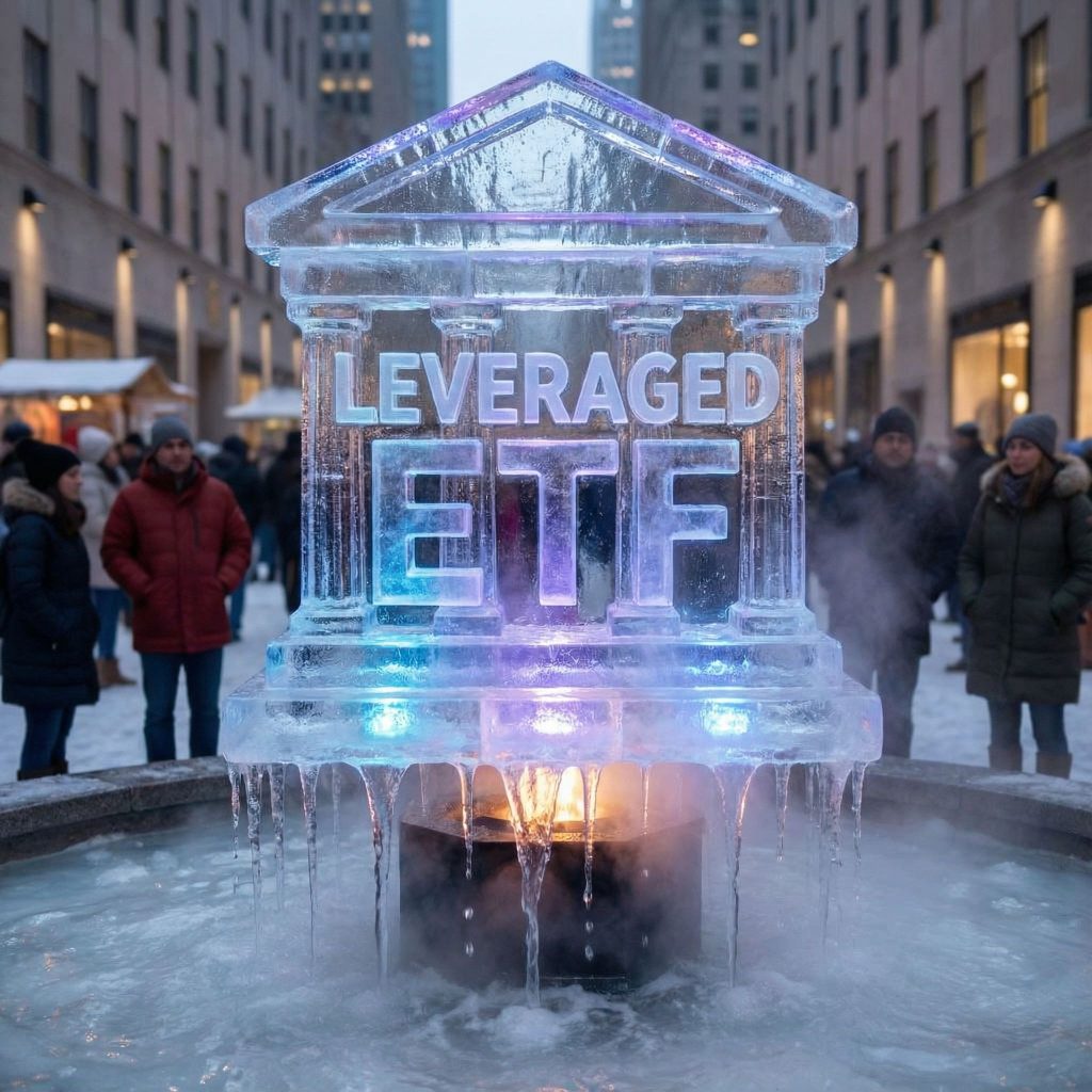 거대한 얼음 조각으로 표현된 레버리지 ETF가 매혹적인 빛을 발하지만, 밑부분에서부터 녹아내리며 붕괴되는 모습이다.
