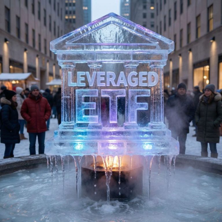 거대한 얼음 조각으로 표현된 레버리지 ETF가 매혹적인 빛을 발하지만, 밑부분에서부터 녹아내리며 붕괴되는 모습이다.