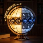 지구본에 주요 주식 시장 시간대를 가리키는 시계가 배치되고, 낮에서 밤으로 전환되는 가운데 태양 아이콘이 일